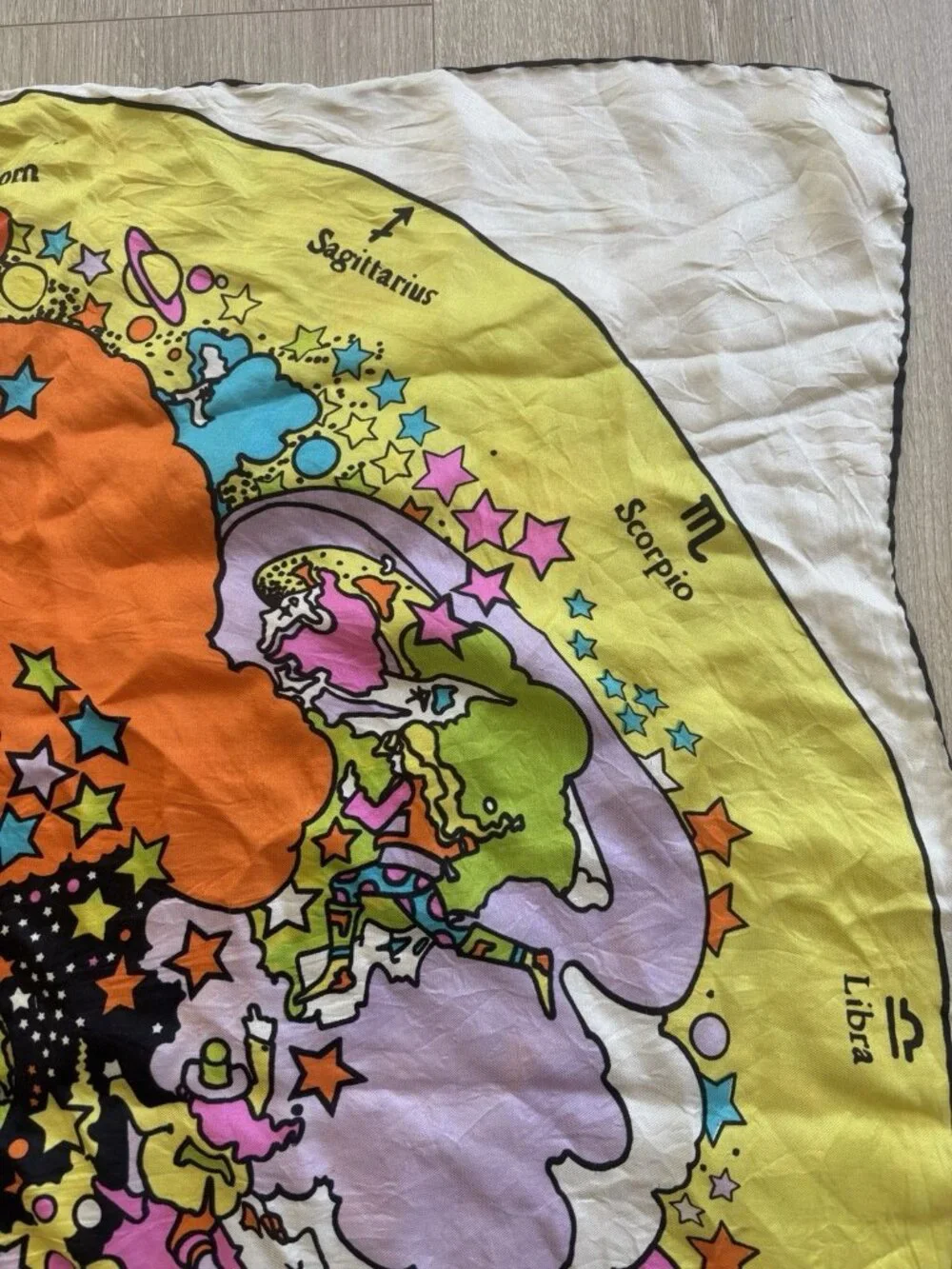 Vtg Peter Max Zodiac Astrology Silk Scarf 26” x 26” 60s Psychedelic Hippie